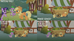 Size: 2000x1123 | Tagged: safe, edit, edited screencap, editor:quoterific, screencap, applejack, spike, twilight sparkle, dragon, earth pony, pony, unicorn, feeling pinkie keen, g4, season 1, applejack's hat, cart, cowboy hat, fruit, hat, horn, unicorn twilight