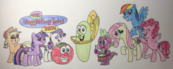 Size: 1414x565 | Tagged: safe, artist:dylanwayneburk, applejack, fluttershy, pinkie pie, rainbow dash, rarity, spike, twilight sparkle, g4, bob the tomato, crossover, drums, larry the cucumber, mane six, musical instrument, traditional art, tuba, veggietales