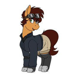 Size: 1700x1700 | Tagged: safe, artist:coatieyay, oc, oc only, oc:spark bolt, earth pony, clothes, goggles, jacket, male, simple background, socks, solo, thigh highs, transparent background