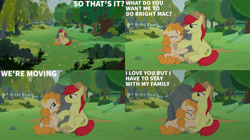 Size: 2000x1123 | Tagged: safe, edit, edited screencap, editor:quoterific, screencap, bright mac, pear butter, earth pony, pony, g4, the perfect pear, 4 panel comic, apple, apple tree, caption, crying, female, male, mare, pear tree, stallion, text, tree
