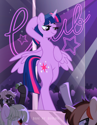 Size: 3000x3854 | Tagged: safe, alternate version, artist:ghostpikachu, twilight sparkle, alicorn, pony, semi-anthro, g4, base used, belly, bipedal, club, dancing, dollars, female, high res, mare, party, pole, pole dancing, sexy, solo focus, spotlight, spread wings, stripper pole, twilight sparkle (alicorn), wings