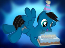 Size: 5840x4320 | Tagged: safe, artist:agkandphotomaker2000, oc, oc only, oc:pony video maker, pegasus, pony, g4, birthday, birthday cake, birthday candles, cake, carrying, excited, flying, food, hat, party hat, pegasus oc, plate, show accurate, solo, spread wings, wings