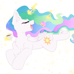 Size: 2000x2000 | Tagged: safe, artist:thieftea, princess celestia, alicorn, pony, g4, cake, chest fluff, ear fluff, female, food, fork, high res, horn, magic, mare, multicolored hair, open mouth, solo, wings