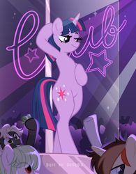 Size: 3000x3854 | Tagged: safe, alternate version, artist:ghostpikachu, twilight sparkle, pony, unicorn, semi-anthro, g4, base used, belly, bipedal, club, dancing, female, high res, mare, party, pole, pole dancing, sexy, solo focus, spotlight, stripper pole, unicorn twilight