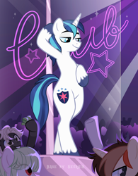 Size: 3000x3854 | Tagged: safe, alternate character, alternate version, artist:ghostpikachu, shining armor, pony, unicorn, semi-anthro, g4, base used, belly, bipedal, club, dancing, high res, male, party, pole, pole dancing, sexy, solo focus, spotlight, stallion, stripper pole, unshorn fetlocks