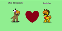 Size: 771x391 | Tagged: safe, little strongheart, sun crisp, bison, buffalo, earth pony, pony, g4, brown tail, clothes, feather, green background, hat, headband, heart, scarf, shipping, simple background, tail, yellow mane, yellow tail