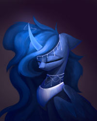 Size: 1200x1500 | Tagged: safe, artist:anastas, princess luna, alicorn, pegasus, unicorn, g4, blue coat, blue mane, bust, curved horn, cute, digital art, ethereal mane, eyelashes, eyes closed, feather, female, floppy ears, folded wings, glowing, glowing horn, horn, jewelry, long mane, lunabetes, mare, necklace, peytral, portrait, redesign, regalia, solo, starry mane, sternocleidomastoid, wings