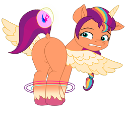 Size: 2182x1982 | Tagged: safe, artist:gmaplay, sunny starscout, alicorn, pony, g5, artificial horn, artificial wings, ass up, augmented, bondage, butt, cutie mark, cutie mark theft, dock, female, horn, magic, magic horn, magic wings, mare, plot, presenting, race swap, simple background, solo, sunny starbutt, sunnycorn, tail, tied up, transparent background, wings
