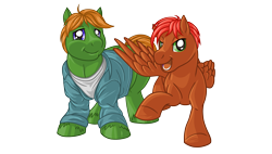 Size: 2540x1440 | Tagged: safe, artist:6melonjam9, oc, oc only, oc:firerazor, oc:melon jam, earth pony, pegasus, pony, 2024 community collab, derpibooru community collaboration, clothes, duo, duo male, male, raised hoof, simple background, transparent background, wings
