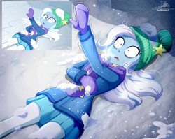 Size: 2434x1934 | Tagged: safe, artist:the-butch-x, screencap, trixie, human, equestria girls, equestria girls series, g4, holidays unwrapped, saving pinkie's pie, spoiler:eqg series (season 2), beanie, clothes, drama queen, female, gloves, hat, jacket, lying down, on back, open mouth, pants, scarf, scene interpretation, screencap reference, skirt, snow, solo, the horror, trixie being trixie, winter outfit