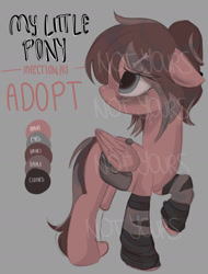 Size: 1170x1541 | Tagged: safe, artist:komikoe, oc, oc only, pegasus, undead, zombie, adoptable, alternate universe, amputee, bags under eyes, dark, gray background, mlp infection, satchel, simple background