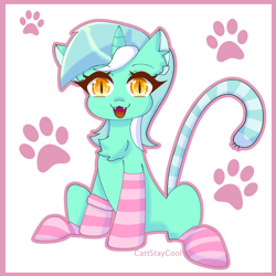 Size: 4000x4000 | Tagged: safe, artist:cattstaycool, lyra heartstrings, cat, cat pony, original species, unicorn, g4, cat tail, catified, chest fluff, clothes, ear fluff, fangs, looking at you, open mouth, open smile, simple background, slit pupils, smiling, socks, solo, species swap, striped socks, tail, white background