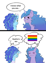 Size: 1837x2530 | Tagged: safe, artist:aztrial, izzy moonbow, misty brightdawn, pony, unicorn, g5, 2 panel comic, comic, cornrows, duo, female, gay pride flag, grin, headcanon in the comments, implied lesbian, implied opaline arcana, mare, markings, meme, pride, pride flag, simple background, smiling, smug, thought bubble, white background, worried