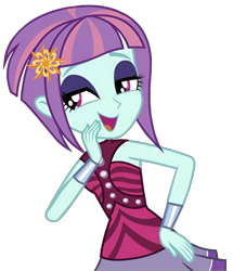 Size: 1100x1280 | Tagged: safe, edit, edited screencap, screencap, sunny flare, human, equestria girls, equestria girls specials, g4, my little pony equestria girls: dance magic, background removed, bare shoulders, hand on hip, looking at someone, png, simple background, sleeveless, smiling, solo, transparent background