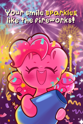 Size: 1200x1800 | Tagged: safe, artist:typhwosion, pinkie pie, earth pony, pony, g4, confetti, cute, daaaaaaaaaaaw, eyes closed, female, fireworks, happy, happy new year 2024, mare, open mouth, party cannon, positive ponies, smiling, solo, text