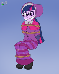 Size: 1600x2000 | Tagged: safe, artist:domedvortex, sci-twi, twilight sparkle, human, equestria girls, g4, bondage, bound and gagged, clothes, dress, gag, gradient background, long dress, long skirt, skirt, solo, tied up, victorian, victorian dress