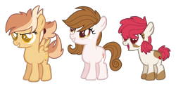 Size: 2266x1113 | Tagged: safe, artist:gallantserver, oc, oc only, oc:chicken wings, oc:cocoa belle, oc:pippin apple, earth pony, pegasus, pony, female, filly, foal, offspring, parent:apple bloom, parent:button mash, parent:featherweight, parent:pipsqueak, parent:scootaloo, parent:sweetie belle, parents:pipbloom, parents:scootaweight, parents:sweetiemash, simple background, transparent background