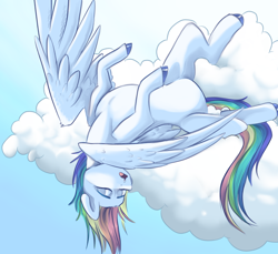 Size: 1516x1387 | Tagged: safe, artist:smirk, rainbow dash, pegasus, pony, g4, belly, cloud, drool, large wings, lying down, on a cloud, on back, partially open wings, round belly, sleeping, sleeping on a cloud, solo, wings
