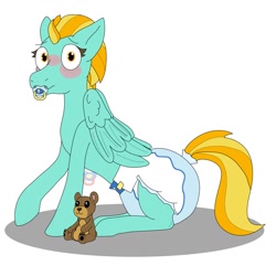 Size: 1280x1280 | Tagged: safe, artist:little-off-main, lightning dust, pegasus, pony, g4, blushing, diaper, diaper fetish, fetish, non-baby in diaper, pacifier, plushie, simple background, solo, teddy bear, white background