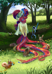 Size: 2251x3200 | Tagged: safe, artist:teaflower300, oc, oc only, bird, pegasus, pony, rabbit, squirrel, animal, bow, commission, facing away, female, flower, flower in tail, grass, hair bow, high res, log, looking back, mare, nature, pretty, rear view, ribbon, scenery, sitting, smiling, solo, tail, tree