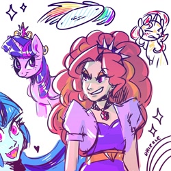 Size: 1000x1000 | Tagged: safe, artist:drizzledazzle, adagio dazzle, rainbow dash, sonata dusk, sunset shimmer, twilight sparkle, alicorn, human, pony, unicorn, equestria girls, g4, big crown thingy, blushing, clothes, crown, element of magic, group, heart, jewelry, necklace, regalia, simple background, sketch, sketch dump, smiling, smirk, twilight sparkle (alicorn), white background