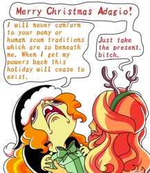 Size: 1300x1500 | Tagged: safe, artist:drizzledazzle, adagio dazzle, sunset shimmer, human, equestria girls, g4, christmas, clothes, dialogue, duo, female, frown, headband, holiday, lesbian, open mouth, present, ship:sunsagio, shipping, simple background, text, white background