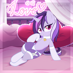 Size: 2000x2000 | Tagged: safe, artist:ghostpikachu, oc, oc only, oc:dreaming bell, pony, unicorn, g4, base artist:seurnik, base used, bed, belly, clothes, collar, draw me like one of your french girls, fancy, female, heart, high res, horn, indoors, looking at you, mare, panties, pillow, room, sexy, socks, solo, stockings, thigh highs, two toned coat, underwear, unicorn oc