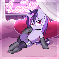 Size: 2000x2000 | Tagged: safe, alternate version, artist:ghostpikachu, oc, oc only, oc:dreaming bell, pony, unicorn, g4, base artist:seurnik, base used, bed, belly, clothes, collar, draw me like one of your french girls, fancy, female, fishnet clothing, fishnet stockings, heart, high res, horn, indoors, looking at you, mare, panties, pillow, room, sexy, socks, solo, stockings, thigh highs, two toned coat, underwear, unicorn oc