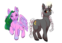 Size: 3661x2574 | Tagged: safe, artist:artbysarf, oc, oc only, oc:bright idea, oc:ruby radiant, earth pony, pegasus, pony, unicorn, 2024 community collab, derpibooru community collaboration, burn marks, burned, duo, ear piercing, earring, female, high res, horn, jewelry, mare, markings, mouth hold, pencil, piercing, ponified, ponified oc, ponytail, raised hoof, raised leg, scar, simple background, transparent background, unshorn fetlocks, wings