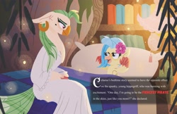 Size: 4096x2650 | Tagged: safe, artist:bearmation, captain celaeno, princess skystar, bird, classical hippogriff, hippogriff, ornithian, parrot, parrot pirates, anthro, g4, my little pony: the movie, adopted offspring, alternate universe, bed, bedroom, cute, duo, duo female, female, high res, in bed, mother and child, mother and daughter, parent:captain celaeno, pirate, skyabetes, smiling, story included, text, younger