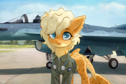 Size: 3000x2000 | Tagged: safe, artist:quvr, oc, oc only, original species, pony, shark, shark pony, blonde mane, clothes, colored eyebrows, colored pupils, f-16 fighting falcon, fighter pilot, fish tail, freckles, jacket, jet, jet fighter, jet plane, looking at you, pale belly, pilot, shark tail, smiling, smiling at you, solo, tail