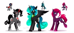 Size: 4096x1858 | Tagged: safe, artist:buvanybu, fizzlepop berrytwist, king sombra, queen chrysalis, tempest shadow, alicorn, pony, unicorn, g4, alternate universe, horn, ponified, raised hoof, simple background, smiling, species swap, spread wings, tempest now has a true horn, white background, wings
