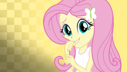 Size: 3840x2160 | Tagged: safe, artist:octosquish7260, fluttershy, human, equestria girls, g4, arms, bare shoulders, checkered background, clothes, cute, female, fingers, gradient background, hairpin, hand, long hair, makeup, playing with hair, shyabetes, skinny, sleeveless, smiling, solo, tank top, teenager, teeth, thin