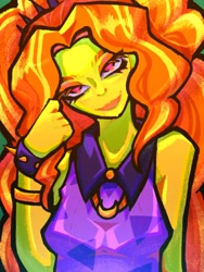 Size: 1536x2048 | Tagged: safe, artist:sirentown, adagio dazzle, human, equestria girls, g4, bust, clothes, smiling, solo, spiked wristband, wristband