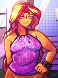 Size: 1532x2048 | Tagged: safe, artist:sirentown, sunset shimmer, human, equestria girls, g4, clothes, hand on hip, smiling, solo, spiked wristband, tank top, wristband
