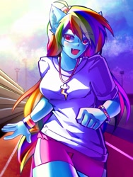 Size: 1536x2048 | Tagged: safe, artist:sirentown, rainbow dash, anthro, equestria girls, g4, clothes, jewelry, necklace, open mouth, shirt, shorts, smiling, solo, t-shirt, wristband