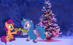 Size: 1930x1179 | Tagged: safe, artist:shieldwingarmorofgod, izzy moonbow, sunny starscout, earth pony, pony, unicorn, g4, g5, base used, christmas, christmas tree, duo, duo female, female, g5 to g4, generation leap, holiday, irl, looking at each other, looking at someone, mare, photo, present, snow, tree