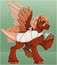 Size: 2128x2453 | Tagged: safe, artist:horseman3000, oc, oc only, oc:golden flare, pegasus, pony, bandage, broken bone, broken wing, cast, cheek fluff, chest fluff, cloven hooves, colored hooves, colored wings, concave belly, freckles, gradient background, green background, high res, injured, large wings, leg fluff, multicolored wings, notebook, pen, ponified, short tail, sling, solo, species swap, sternocleidomastoid, tail, unshorn fetlocks, wings
