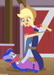 Size: 2550x3510 | Tagged: safe, artist:robukun, applejack, princess luna, vice principal luna, human, equestria girls, g4, bondage, bound and gagged, cloth gag, gag, hogtied, open mouth, open smile, smiling, tied up, tying