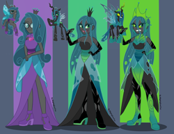 Size: 3300x2550 | Tagged: safe, artist:nightglowfan, idw, queen chrysalis, changeling, changeling queen, human, equestria girls, g4, the ending of the end, armor, clothes, crown, dress, equestria girls-ified, glasses, high heels, high res, jewelry, mirror universe, regalia, reversalis, self paradox, shoes, triality, ultimate chrysalis