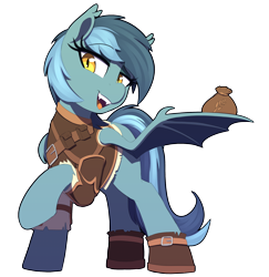 Size: 2040x2100 | Tagged: safe, artist:thebatfang, oc, oc only, oc:dusky, bat pony, pony, armor, bat pony oc, bat wings, boots, clothes, fangs, female, food, leather, leather armor, mare, oats, one wing out, open mouth, ponerpics import, raised hoof, shoes, simple background, solo, transparent background, wings