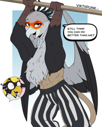 Size: 2404x2972 | Tagged: safe, artist:viktiipunk, oc, oc:ping wing, oc:tsavo, griffon, hippogriff, abs, beak, chest fluff, clothes, dialogue, feather, head feathers, heart, heart eyes, looking at you, open mouth, pants, pullup bar, smug, spread wings, tail, talons, wingding eyes, wings, workout