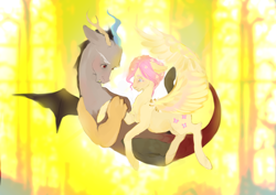 Size: 4960x3508 | Tagged: safe, artist:synelinn, discord, fluttershy, draconequus, pegasus, pony, g4, bright background, duo, duo male and female, female, flower, flower in hair, flying, holding hands, holding hooves, looking at each other, looking at someone, male, mare, yellow background