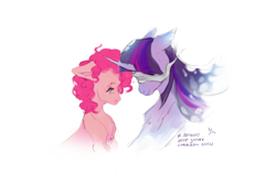 Size: 4960x3508 | Tagged: safe, artist:synelinn, pinkie pie, twilight sparkle, alicorn, earth pony, pony, g4, blindfold, curved horn, cyrillic, duo, female, horn, immortality blues, mare, russian, sad, simple background, smiling, teary eyes, translated in the description, twilight will outlive her friends, white background