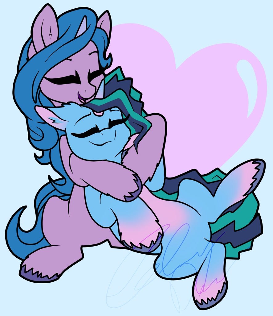 [belly,cuddling,cute,eyes closed,featureless crotch,female,g5,heart,hug,lesbian,mare,pony,safe,shipping,simple background,snuggling,unicorn,unshorn fetlocks,pale belly,smiling,artist:gleamydreams,light blue background,mistybetes,izzybetes,izzy moonbow,mizzy,misty brightdawn]