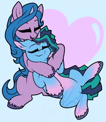 Size: 2580x2983 | Tagged: safe, artist:gleamydreams, izzy moonbow, misty brightdawn, pony, unicorn, g5, belly, cuddling, cute, eyes closed, featureless crotch, female, heart, high res, hug, izzybetes, lesbian, light blue background, mare, mistybetes, pale belly, ship:mizzy, shipping, simple background, smiling, snuggling, unshorn fetlocks