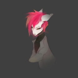 Size: 894x894 | Tagged: safe, artist:synelinn, oc, oc only, earth pony, pony, clothes, coat, commission, eyebrow piercing, gray background, piercing, simple background, solo, torn ear