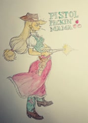 Size: 1562x2187 | Tagged: safe, artist:daisymane, applejack, human, equestria girls, g4, boots, clothes, colored, cowboy boots, dress, female, gloves, gun, handgun, pencil drawing, revolver, shoes, solo, straw in mouth, text, traditional art, watercolor painting, weapon