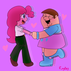 Size: 1280x1280 | Tagged: safe, artist:royong, pinkie pie, human, equestria girls, g4, boots, clothes swap, crossdressing, dancing, family guy, female, heart, male, peter griffin, shoes