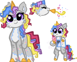 Size: 1327x1071 | Tagged: safe, artist:nootaz, oc, oc only, oc:griselda dulce, piñata pony, pony, unicorn, bipedal, cheek fluff, colored hooves, colored horn, confetti, countershading, female, food, horn, leg fluff, mare, party horn, piñata, popsicle, purple eyes, simple background, solo, standing, transparent background